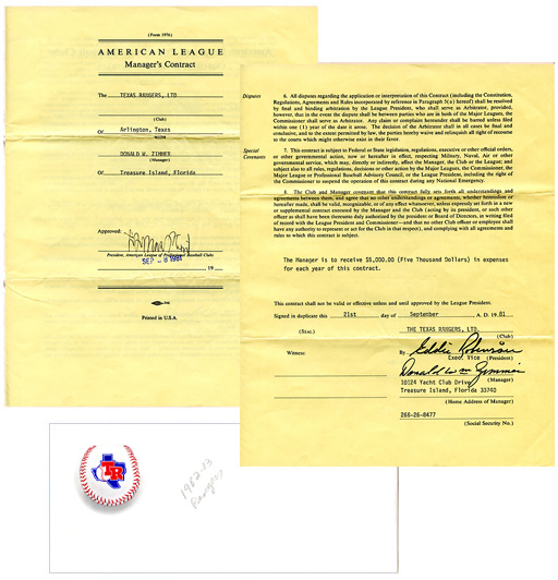 1982-1983 Texas Rangers Manager's Contract