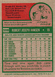 1975 Topps #508 Bob Hansen Back