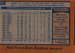 1978 Topps Don Zimmer #63 Miscut Back