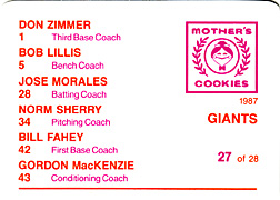 1987 Mother's Cookies Giants Don Zimmer #27 Back